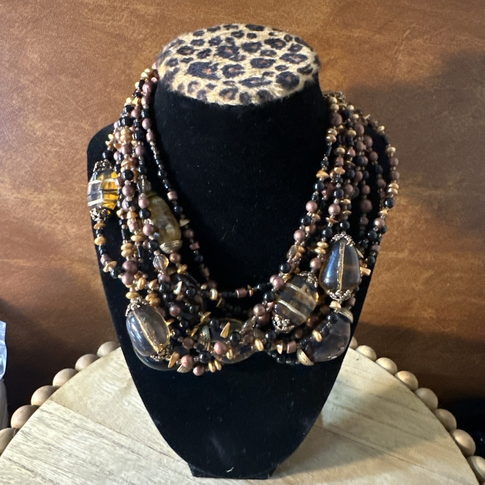 Vintage Signed Chicos 9 Strand Brown And Gold Tones Necklace